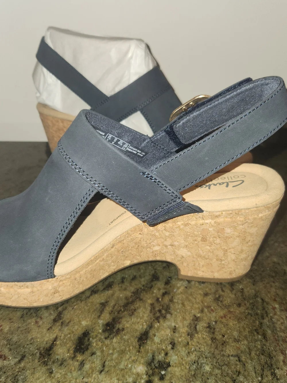 Clarks Open-Toe Navy Wedge 10 Wide Width Bnib